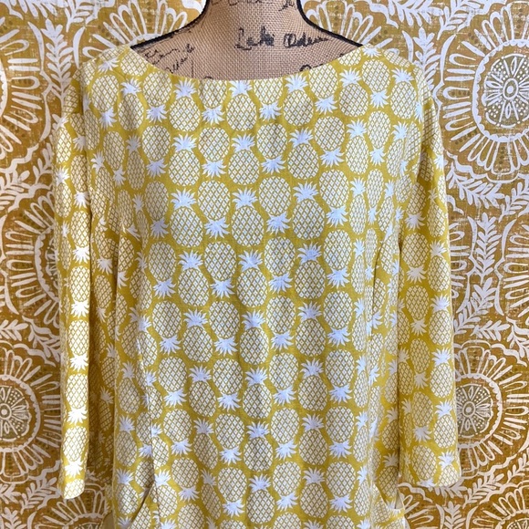 Boden Laurie Linen 3/4 Sleeve Shift Dress in Chartreuse, Pineapple Geo size 14R - Picture 6 of 13